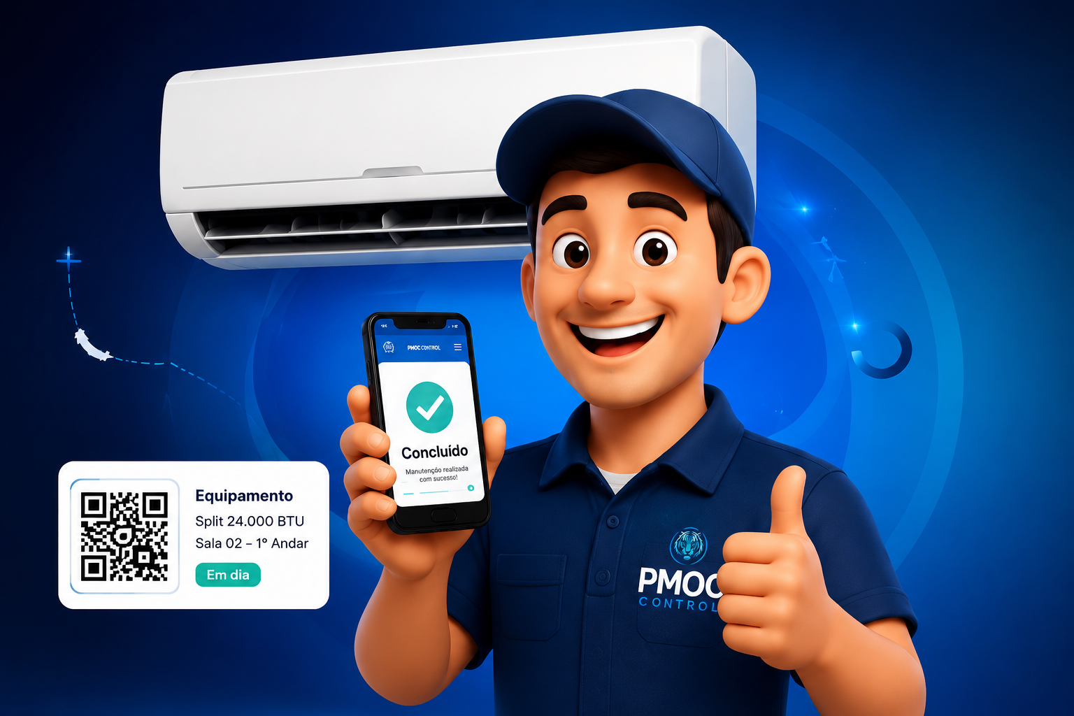 Técnico de climatização usando o PMOC Control
